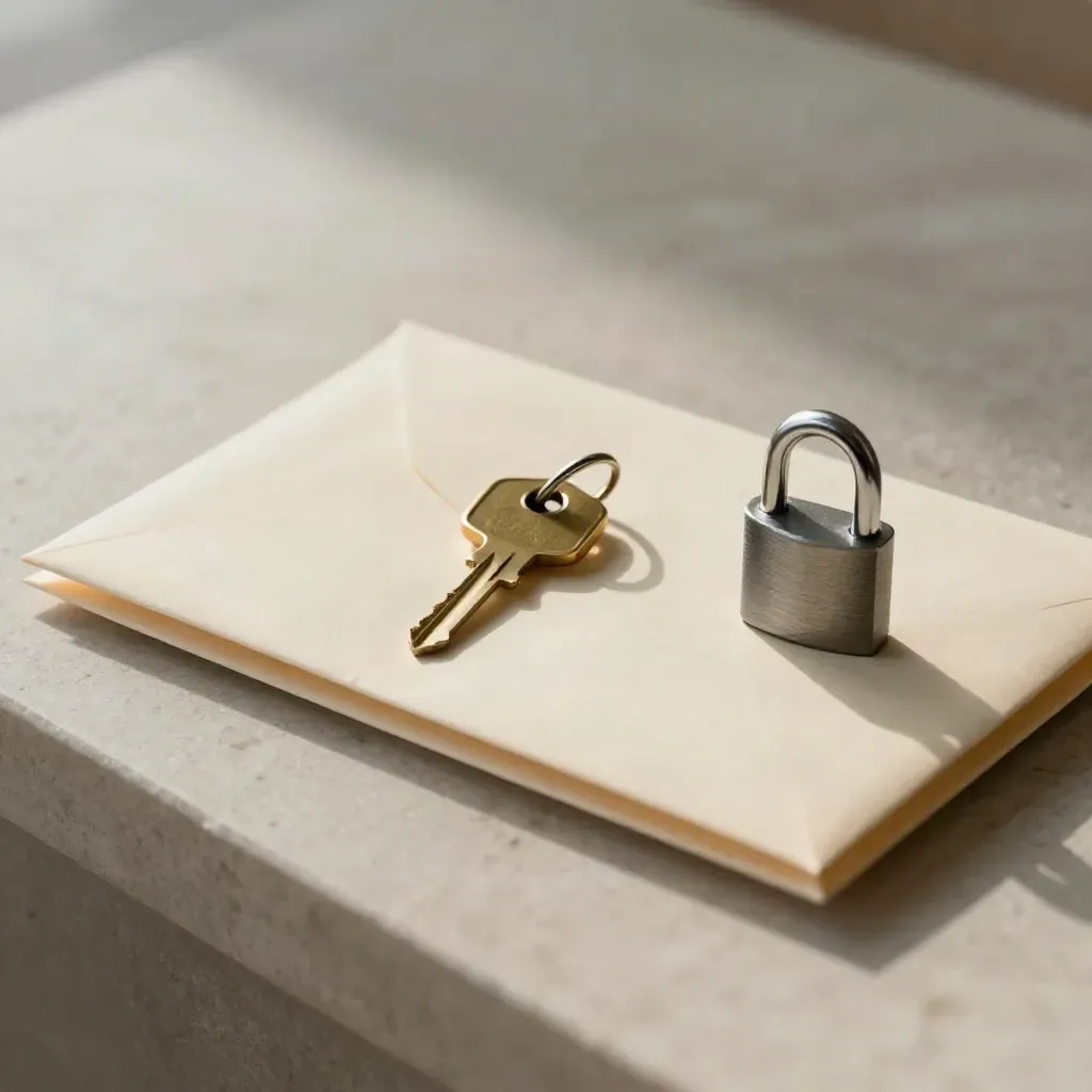 Title insurance bundle with envelopes, key ring, and padlock on pale stone