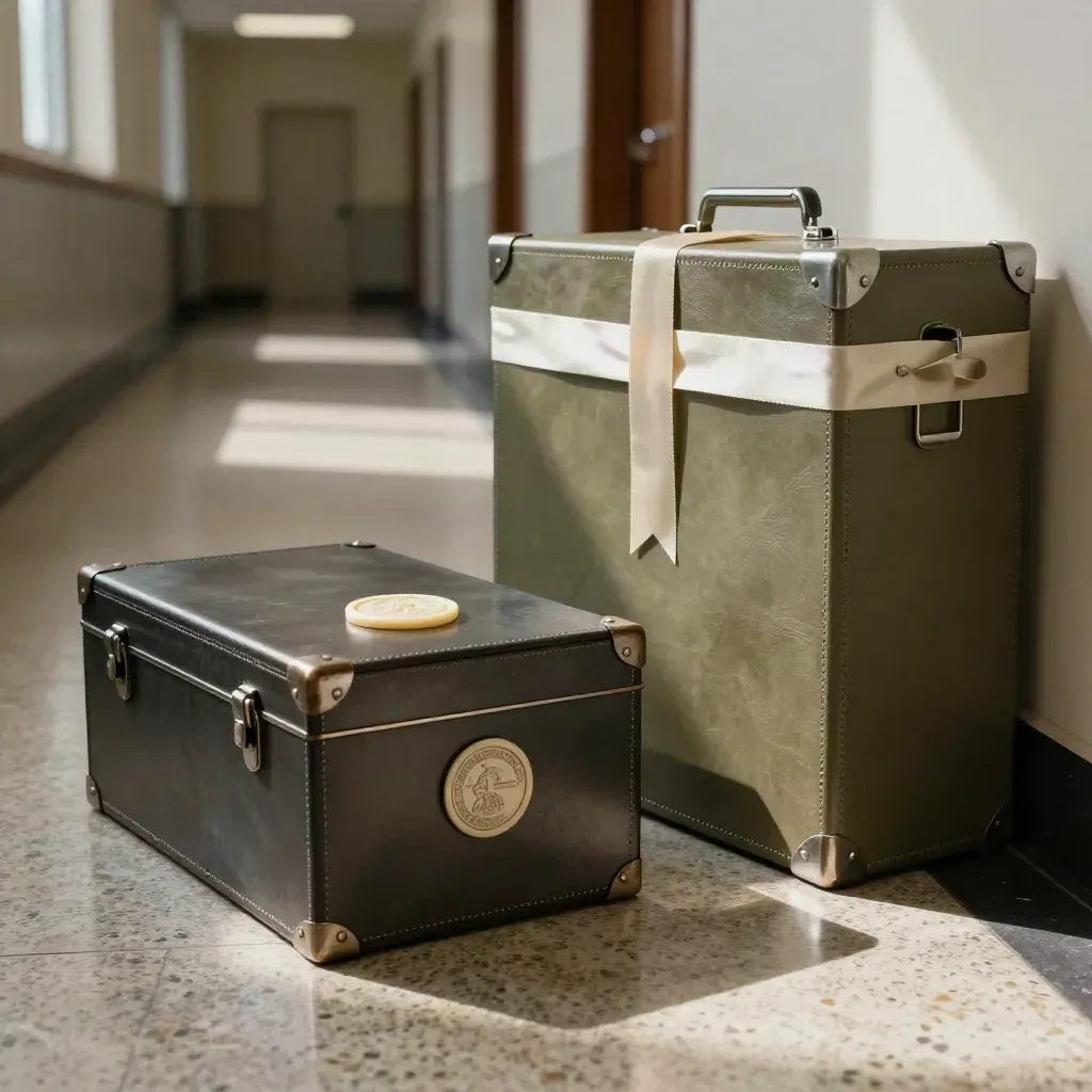 Courthouse corridor with deed archive case, transfer seal, and docket box in moody light.