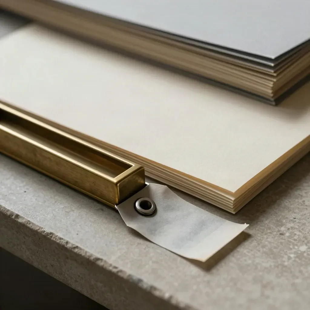Macro of a cleared title file corner with a removed lien tag, payoff packet, and brass slot on stone