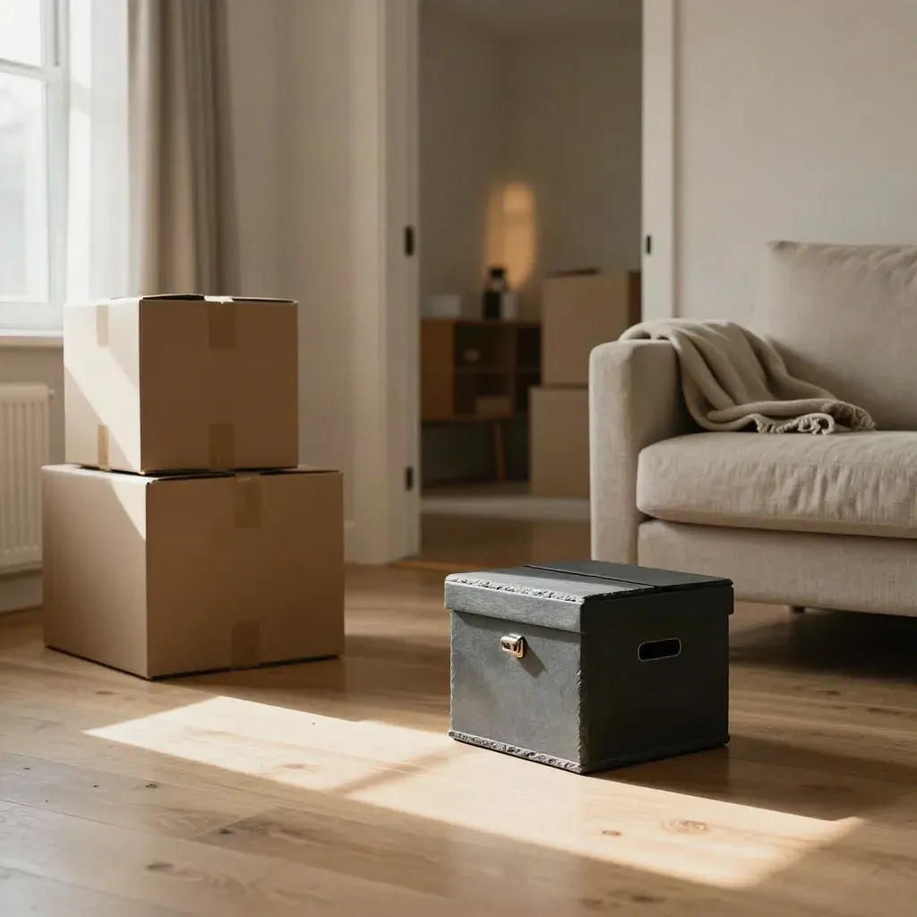 Seller-ready living room with sealed boxes, locked keybox, and sunlit oak floor.