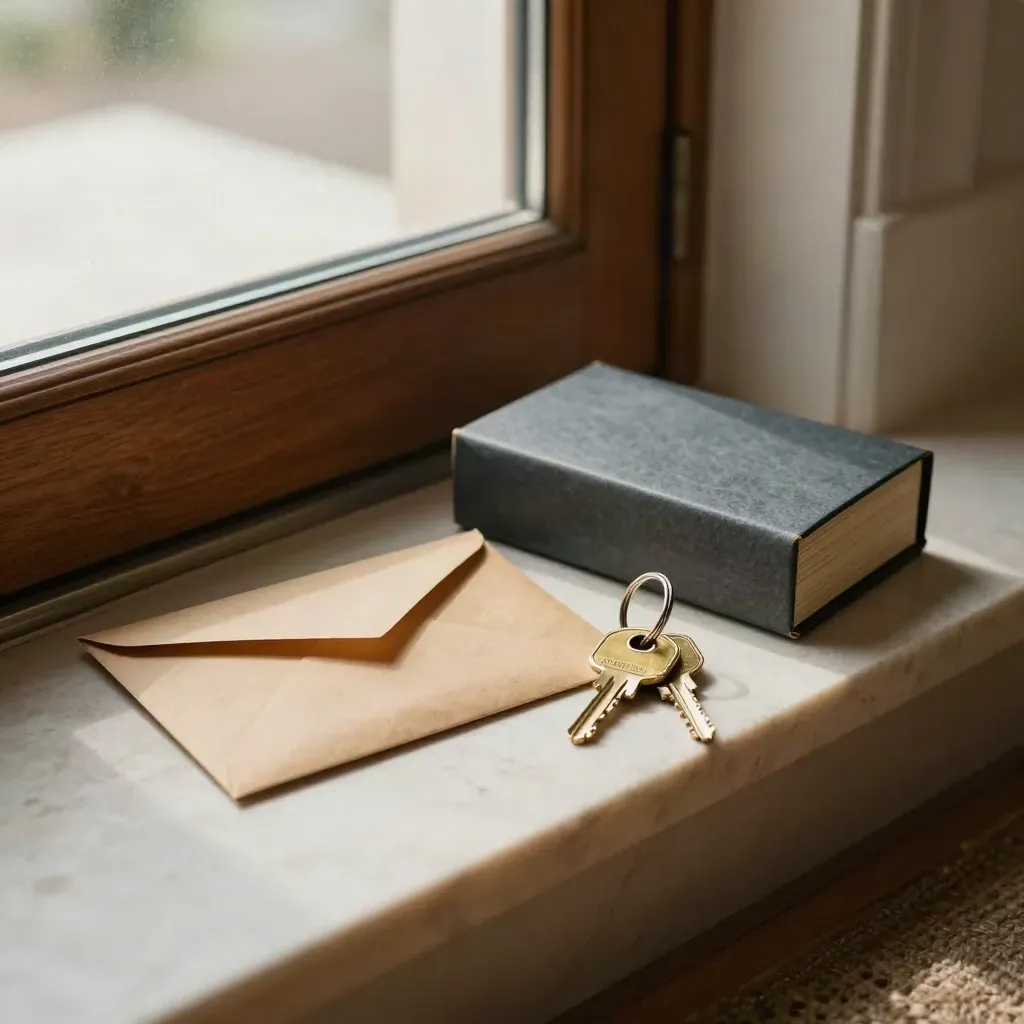 Cash-out envelope, archived file box and fresh keys resting in a sunlit entryway after refinance.