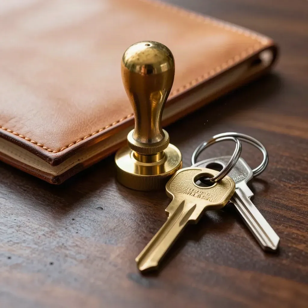 Macro still life of a brass seal press, leather folio, and keys on walnut.