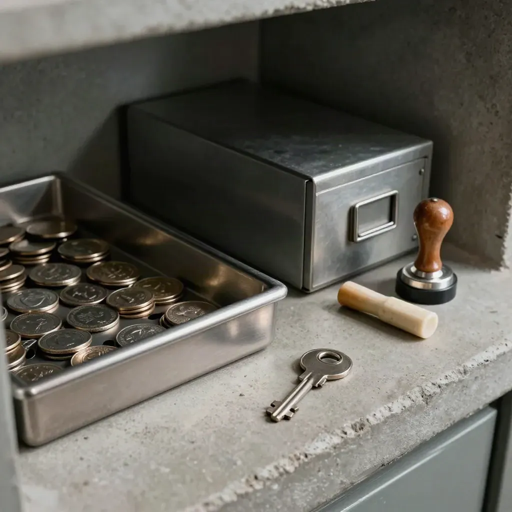 Escrow lockbox key, metal routing tray, and deposit tokens on concrete in a secure vault alcove.