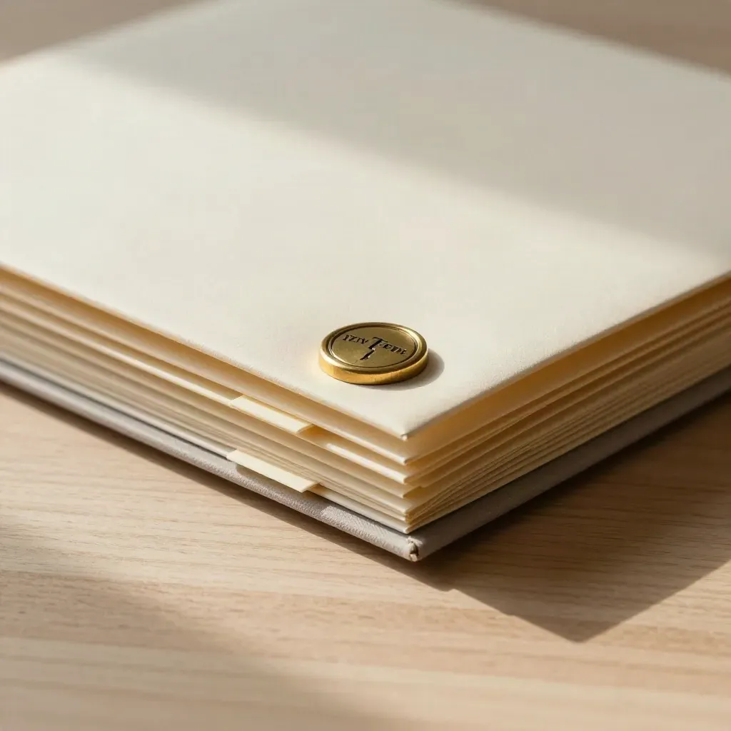 Brass seal, tabbed closing packet, and aligned record sleeves on pale wood.