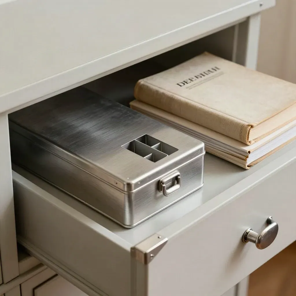 Archive drawer, metal index box and bound ledgers on pale wood in soft side light