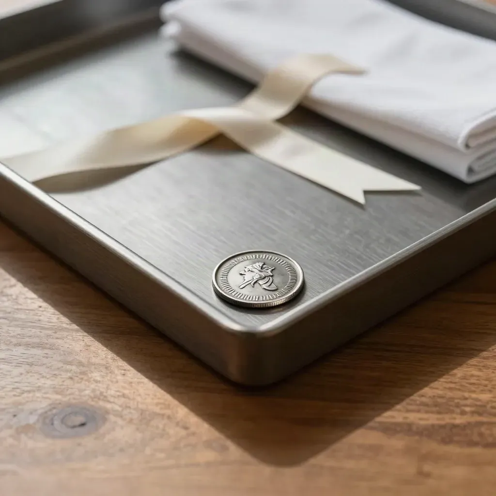 Graphite docket tray, embossed seal disk, and white ribbon on warm oak in soft side light
