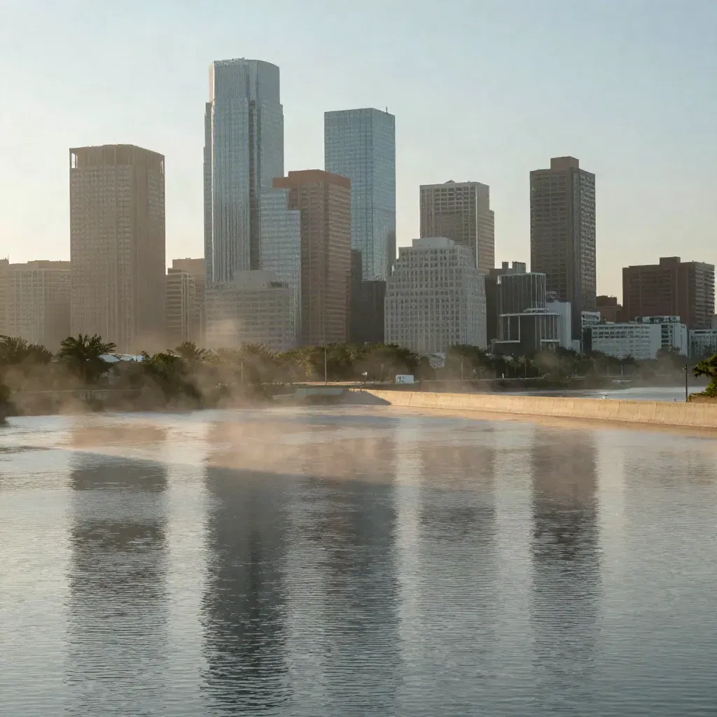 Houston skyline glowing above bayou water in warm golden haze.