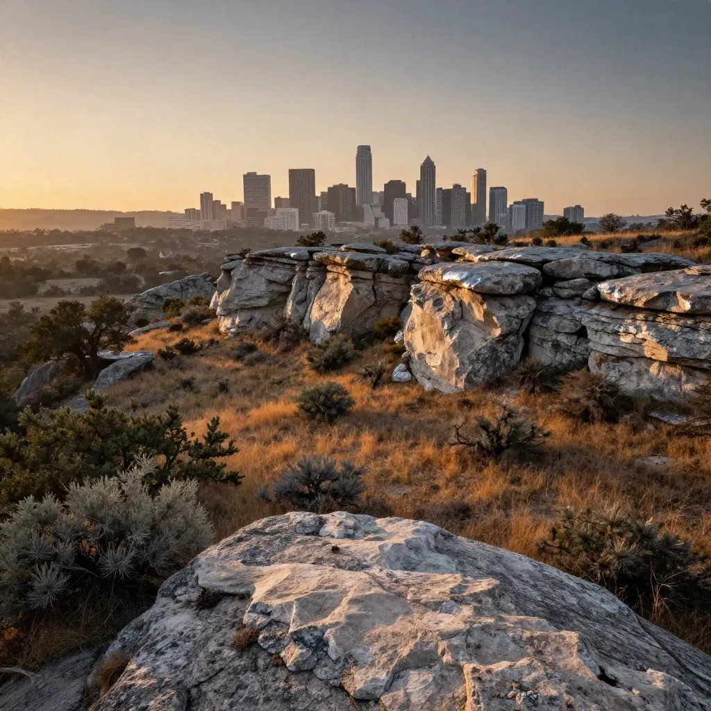 Austin Hill Country limestone ridge with distant skyline above amber scrub at sunset