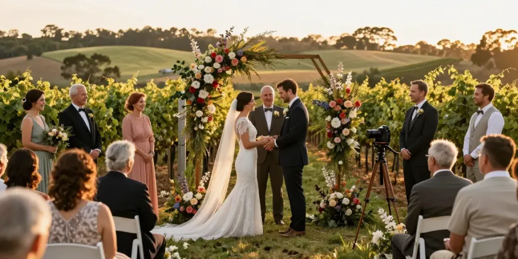 Authentic Hunter Valley wedding photography capturing a couple exchanging vows in a vineyard at sunset.